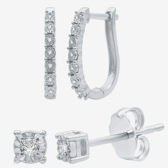NWT 1/10 CT. T.W. Natural Diamond Hoop and Stud Earring Set in Sterling Silver - Picture 2 of 10
